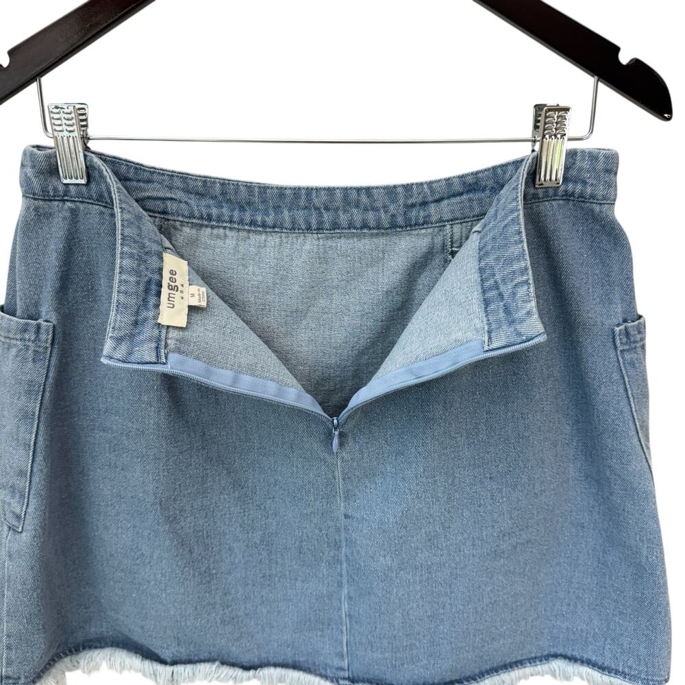 UMGEE Frayed Denim Patchwork Mini Skirt Raw Hem Boho Utility Pockets Size M - Picture 4 of 9